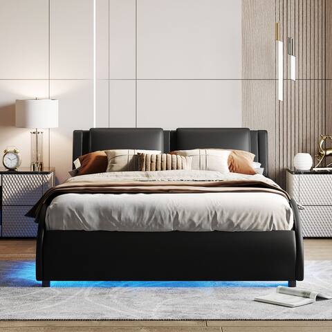 Nestfair Queen Size Upholstered Faux Leather Platform Bed with LED Light Bed Frame