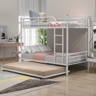 White Twin over Twin Size Metal Bunk Bed With Trundle, Can be Divided into Two Beds