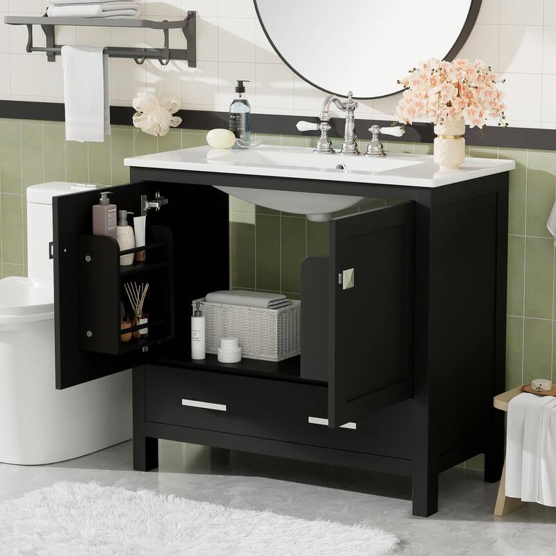36"/30" Bathroom Vanity with Ceramic Sink, Soft-Close Doors, Double Storage Shelves & Divided Drawer