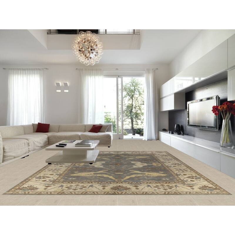 Gray Oushak Indian Large Rug Handmade Gray Floral Wool Carpet - 11'10" x 14'9"