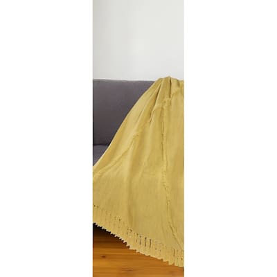 HomeRoots 60" X 50" Yellow Woven Cotton Throw Blanket with Fringe