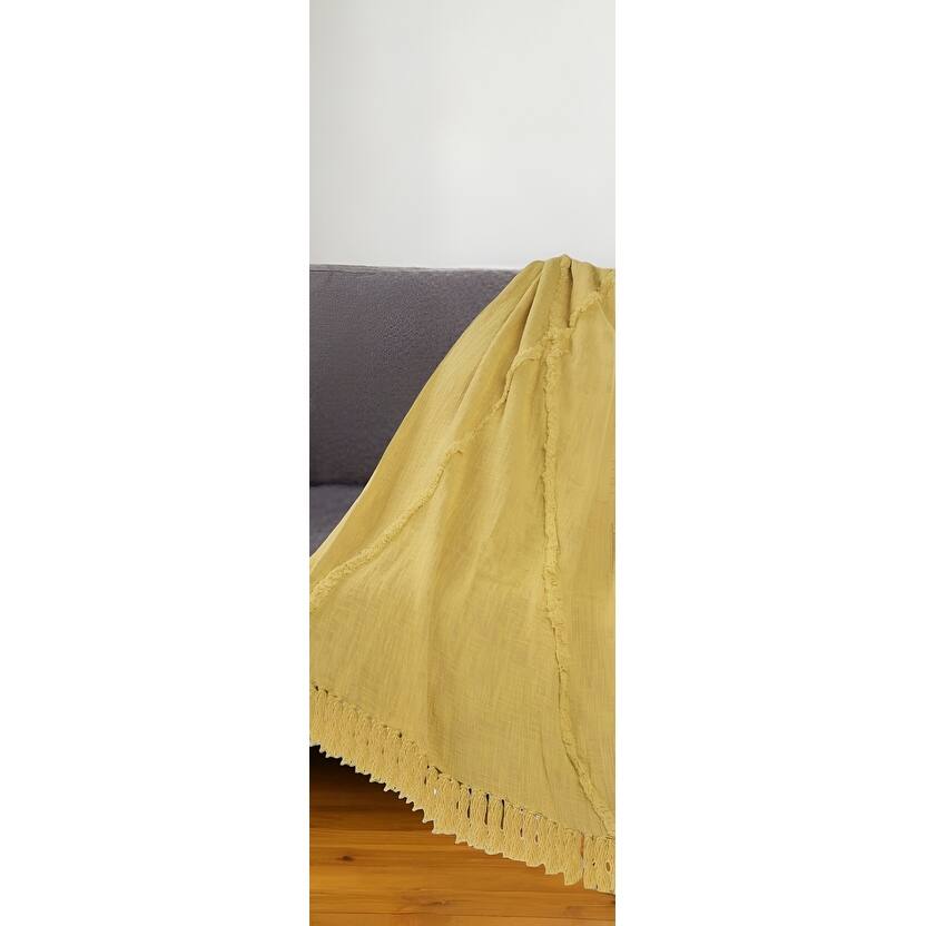 HomeRoots 60" X 50" Yellow Woven Cotton Throw Blanket with Fringe