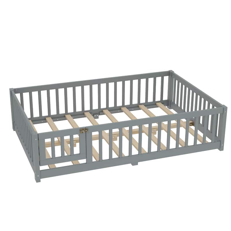 Montessori Toddler Floor Bed with Fence and Switchable Door, Low Profile Bed Frame with Removable Slats, Safe Transition Bed