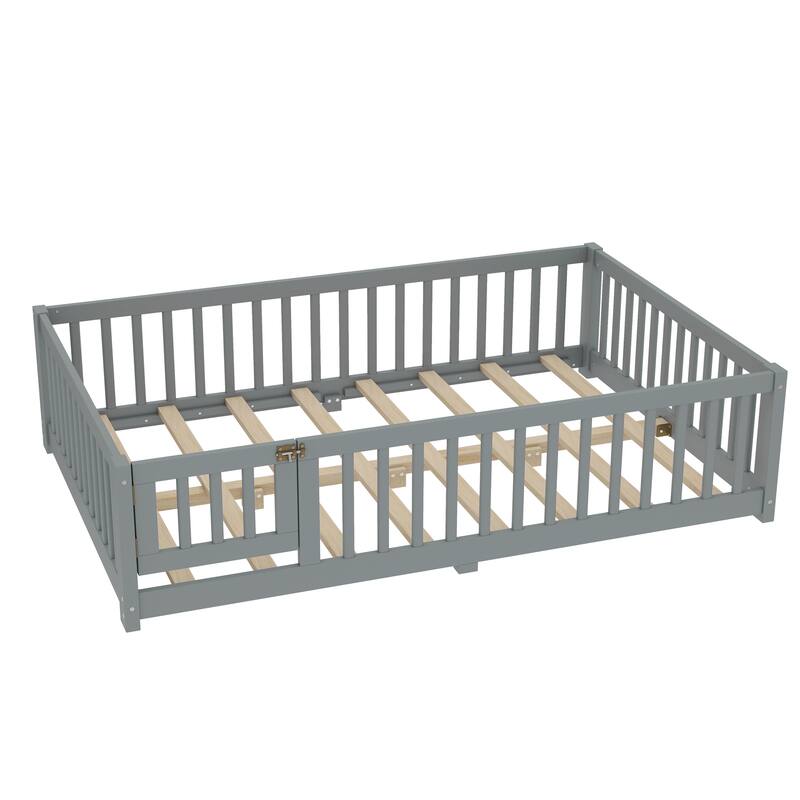 Roomfitters Wooden Twin/Full/Queen Floor Bed Frame with Door & Safety Guardrails, Low Platform Design for Bedroom or Playroom