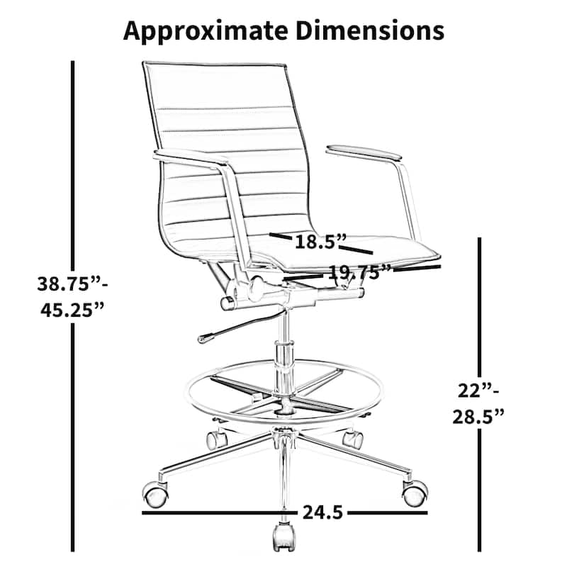 Modern Drafting Chair | Upholstered PU Leather Ribbed Mid Back with Tall Adjustable Base & Leg Rest | Tilt Lock, Swivel |