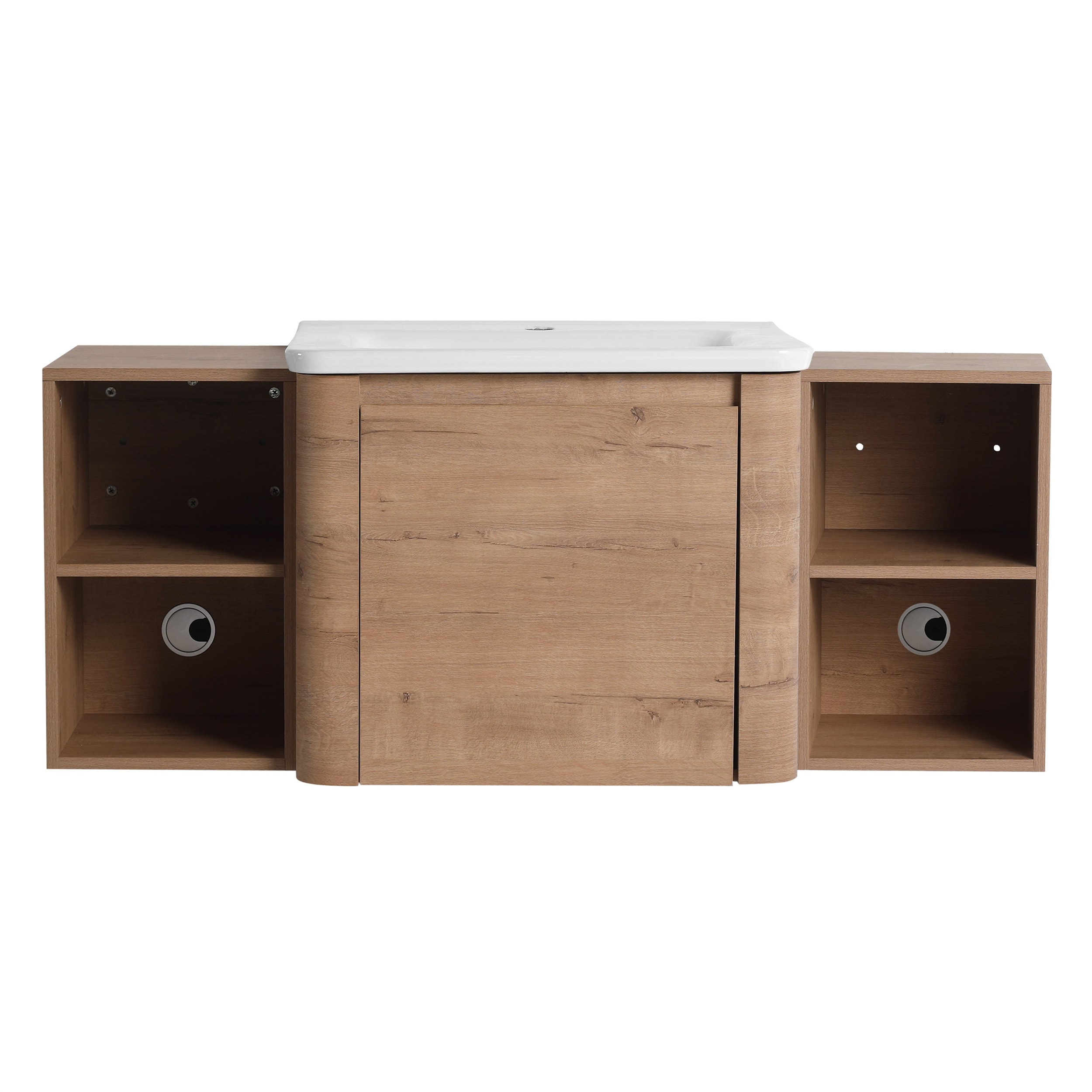 Wall-Mounted Bathroom Vanity with Ceramic Sink and Storage Shelves