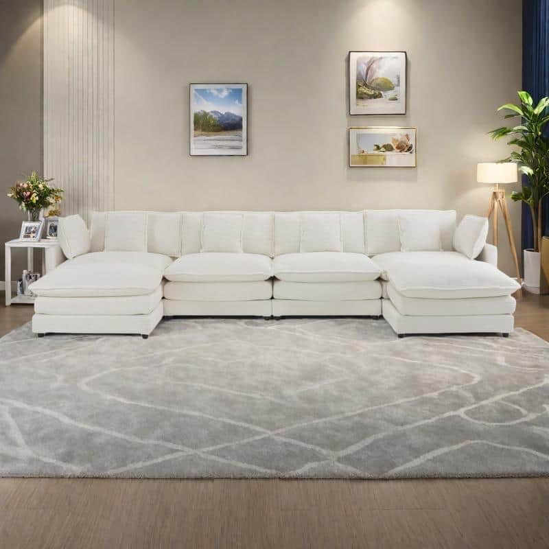 149.6" Corduroy U-Shaped Sectional Sofa with 2 Ottomans and Storage Pockets - Beige