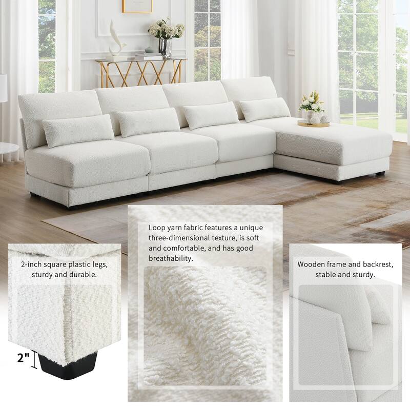 120" L-Shaped 4 Seater Sectional Sofa with Reversible Chaise and 4 Waist Pillow, Armless Design for Space-Saving Comfort