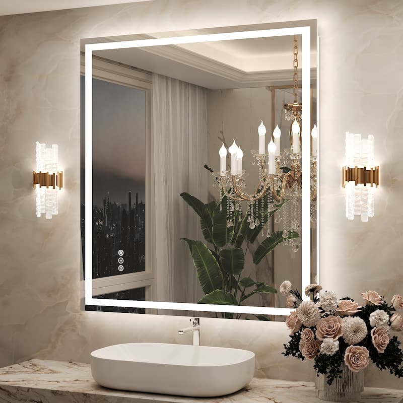 Frameless LED Front Light and Backlit 3 Colors Dimmable Anti-Fog Wall Bathroom Vanity Mirror - 40" x 36"-Square Corner
