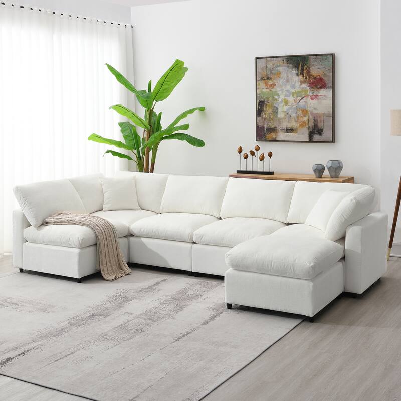 Modern Modular U-Shaped Sectional Sofa, Convertible Cloud Sleeper Sofa Bed, 6 Seat Chenille Sectional Couch Set with Ottoman - beige