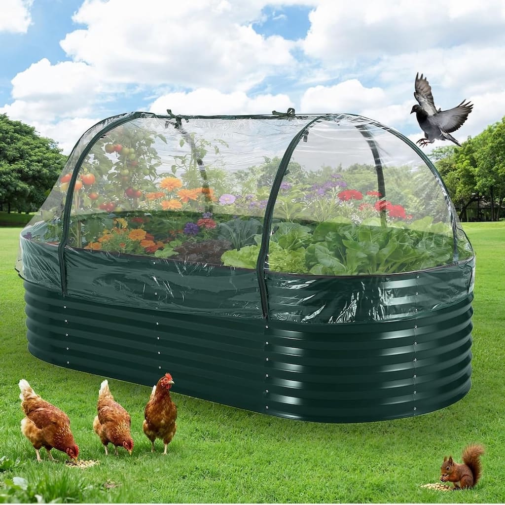 8x4x2 ft Oval Galvanized Steel Raised Garden Bed Kit with Zippered Cover - Open-Bottom Planter Dark Green