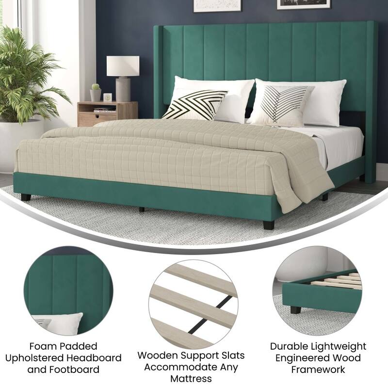 Upholstered Platform Bed with Wingback Headboard