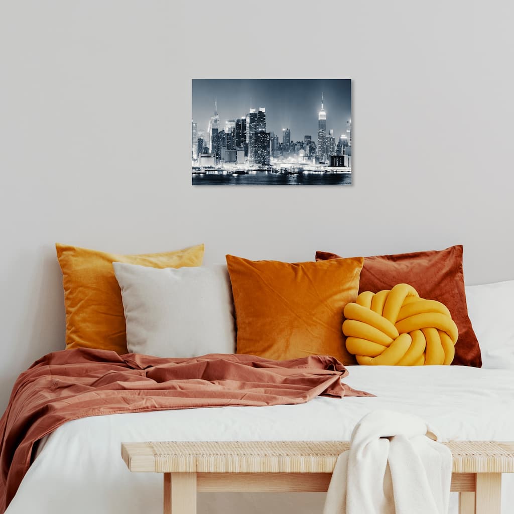 Wynwood Studio Canvas Cities and Skylines Bay at Night Black and Neon White Modern & Contemporary Wall Art Canvas Print
