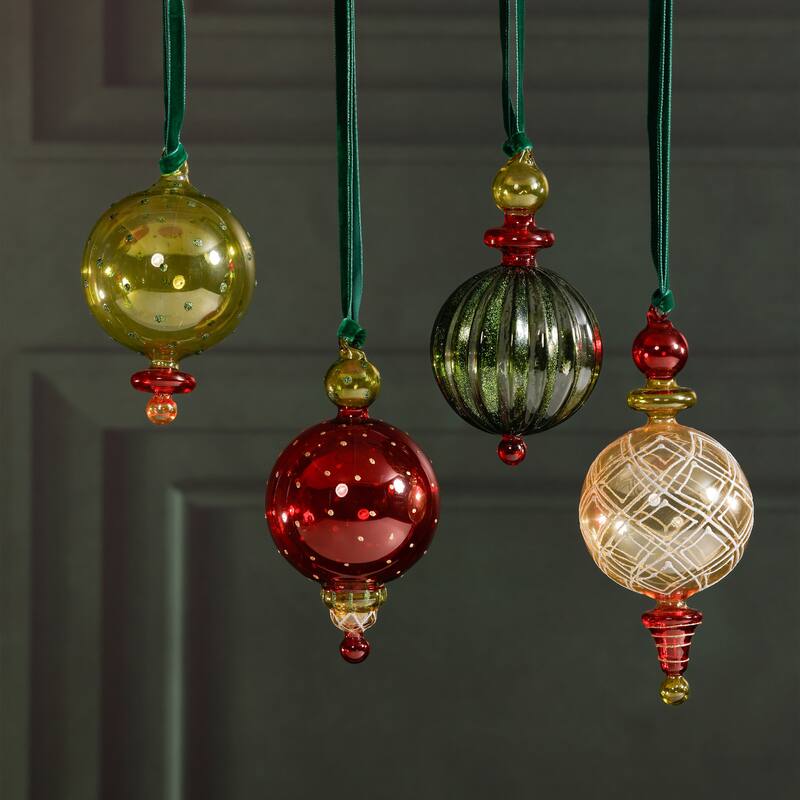 Festive Glass Holiday Hanging Ornaments, Set of 4 Assorted