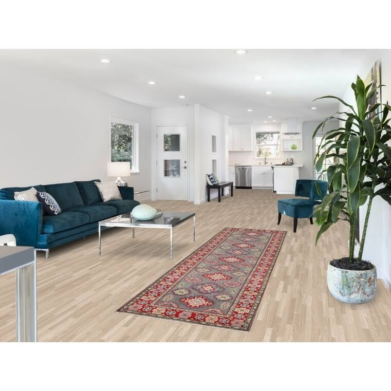 Gray Geometric Kazak Runner Rug Handmade Wool Carpet - 2'9" x 9'7"