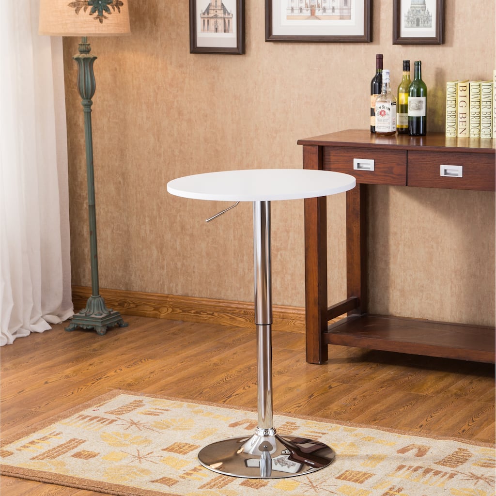 Roundhill Furniture Cumar White Adjustable Height Wood and Chrome Metal Bar Table