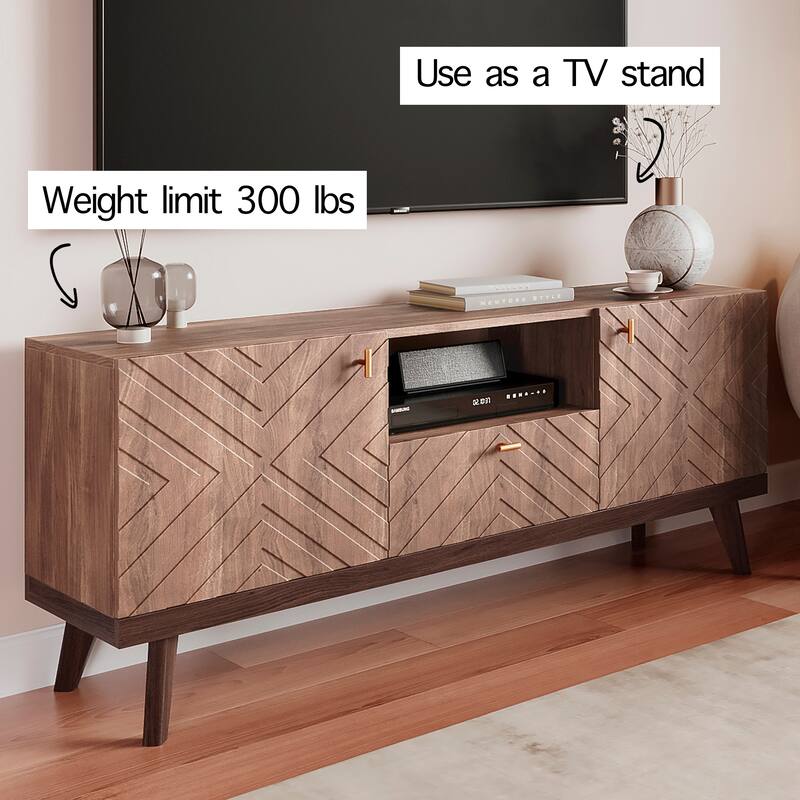 Living Skog Alba Beige TV Stand Console with Drawer Fits TV's up to 65 in. with Wood Legs Mid Century Modern Design
