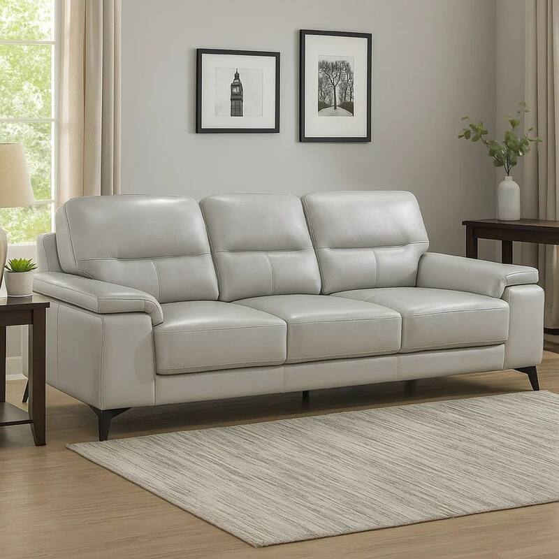 Mica 89 Inch Sofa, Light Gray Top Grain and Faux Leather, Black Metal Legs