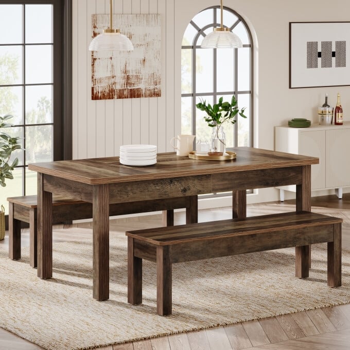 Farmhouse Dining Table Set for 4-6, Kitchen Table with 2 Benches - Wood Hemp Color