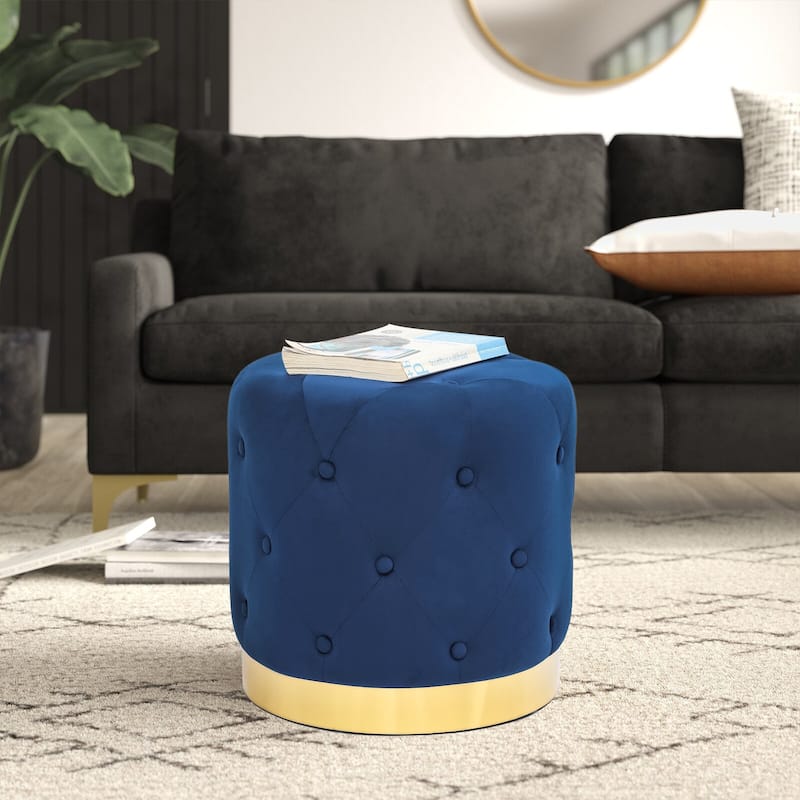 Adeco Round Velvet Ottoman Vanity Footrest Stool Gold Plating Base