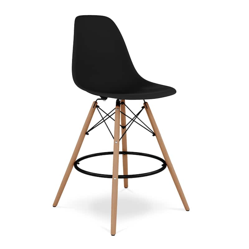 Plastic Seat Brown Wood Counter Height Bar Chair with Footrest - 21” x 22” x 41” (D x W x H) - Black