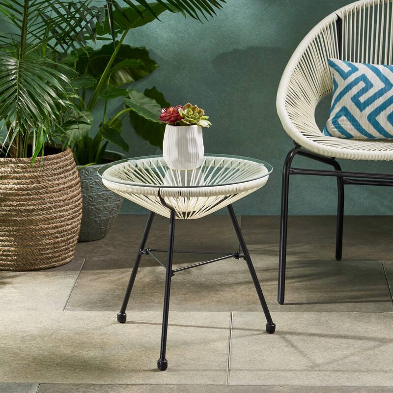 Modern Outdoor Rattan Side Table with Tempered Glass - White
