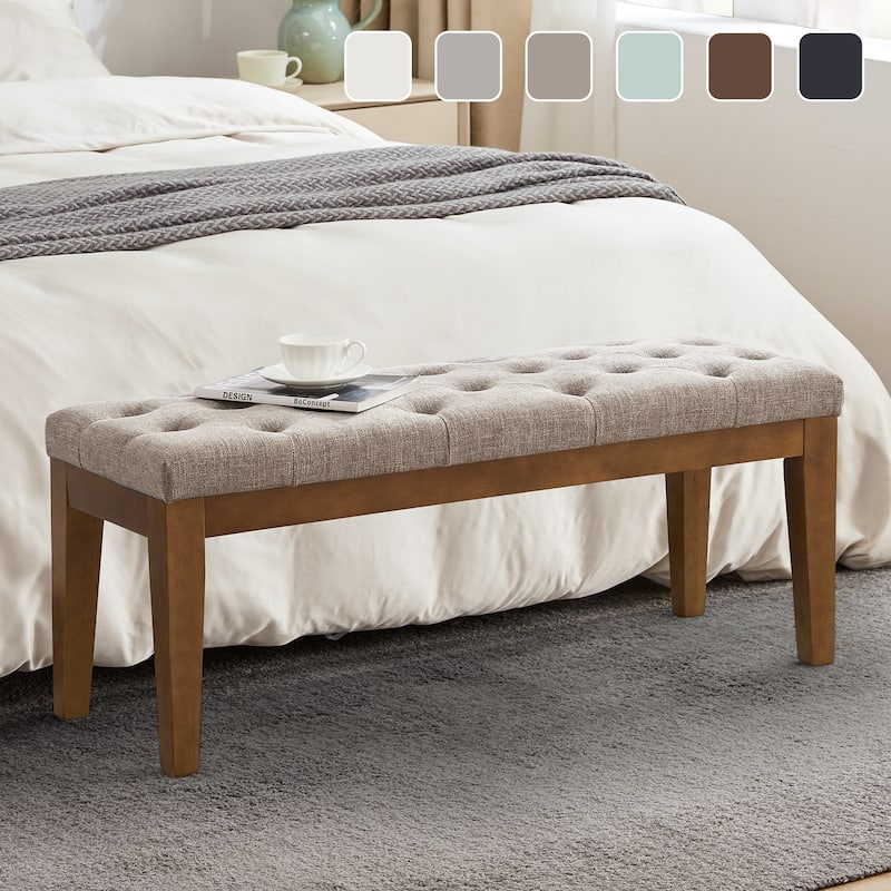Button-Tufted Bench for End of Bed, Entryway Bench Beige/ Black/ Brown Solid Wood, Leather, Fabric 44-inch