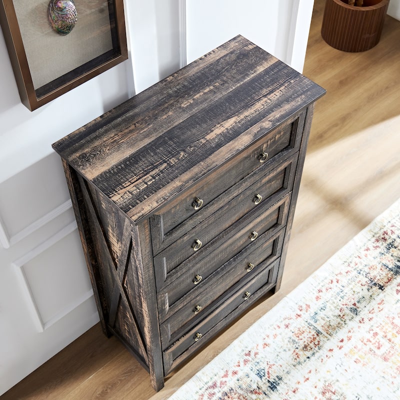 Farmhouse Style 5-Drawer Vertical Chest with Rustic Wood Wide Finish and Metal Ring Handle