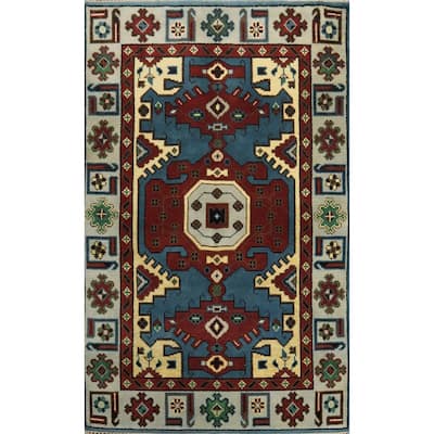 Hand-knotted Traditional Wool Blue Geometric Oriental Area Rug - 5' 11'' X 4' 0''