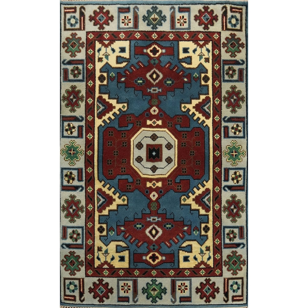 Hand-knotted Traditional Wool Blue Geometric Oriental Area Rug - 5' 11'' X 4' 0''