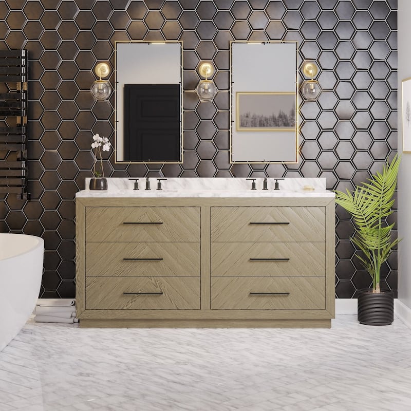 KitchenBathCollection Avery 72" Double Bathroom Vanity with Carrara Marble Top - Gray Oak