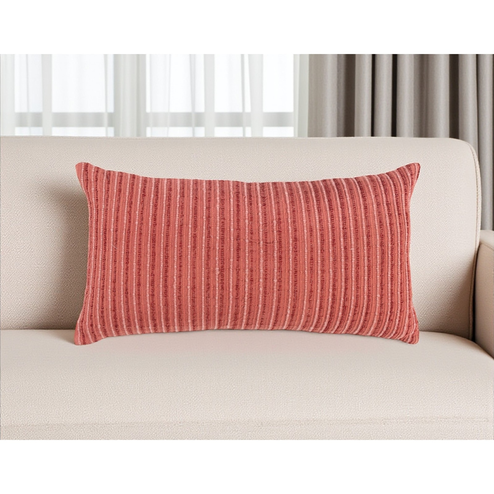 HomeRoots 14" X 26" Terra Cotta Lumbar Striped Cotton Blend Throw Pillow