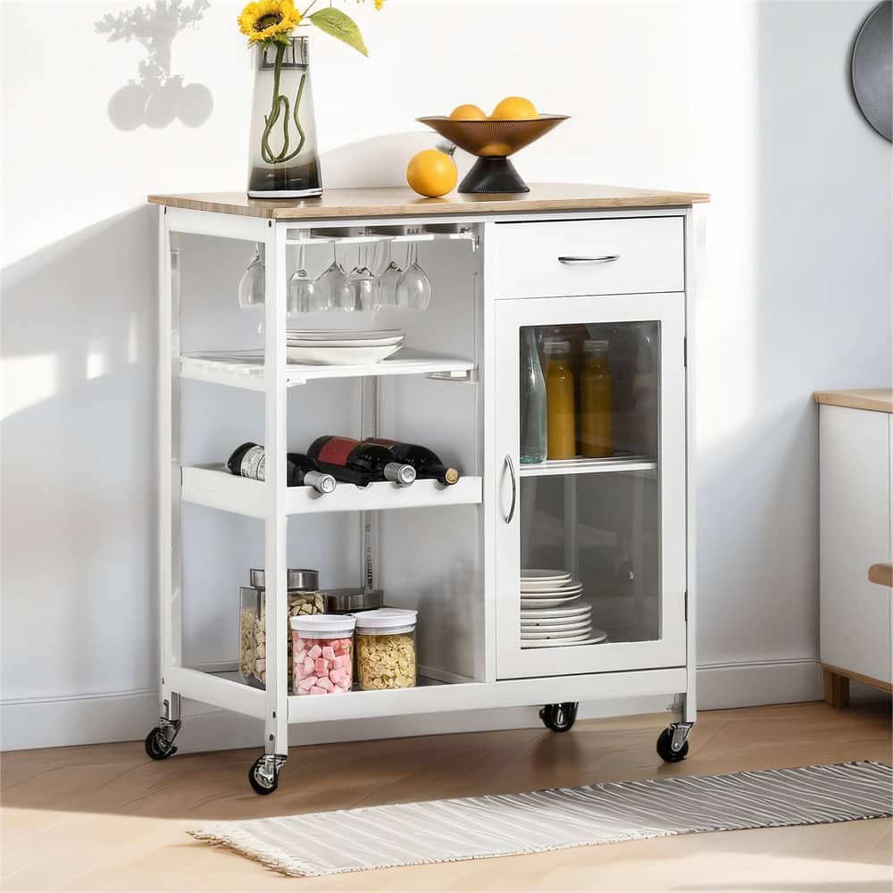 Rolling Kitchen Island, Kitchen Cart with 4-bottle Wine Rack
