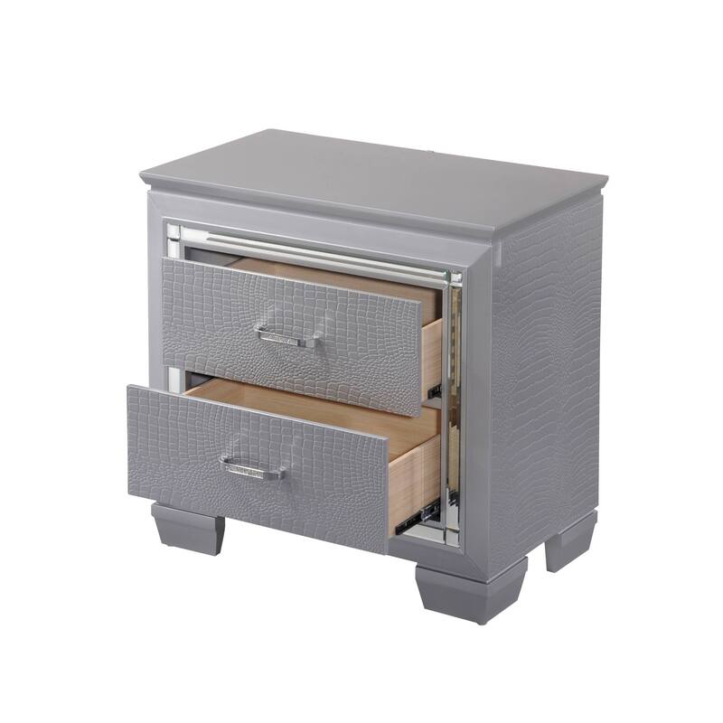 Modern Glam 1pc Solid Wood Nightstand w/ Built-in Light & Silver Crocodile Finish for Bedroom