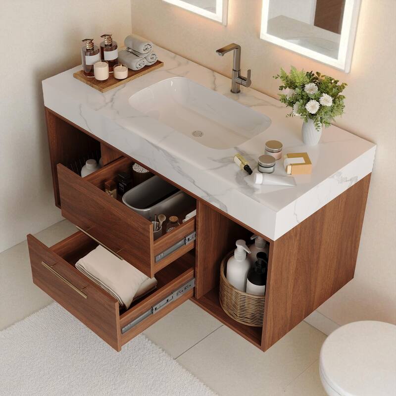 39.4" Floating Bathroom Vanity with Ceramic Sink White Sintered Stone Top Soft Close Drawers Wall Mounted