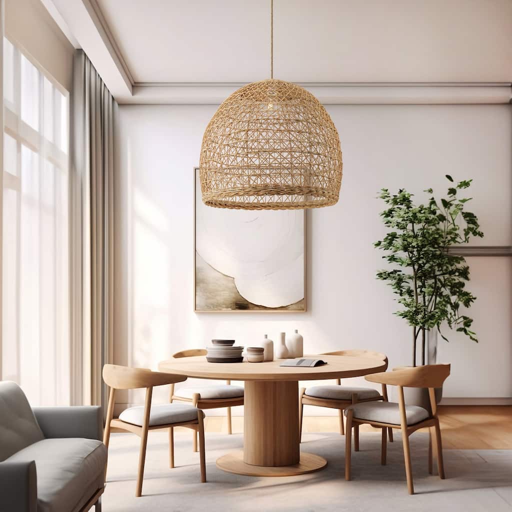 Lumiere Brown Rattan Pendant – Medium Statement Light Fixture for Kitchen Island, or Living Room in Boho, Japandi & Modern Style