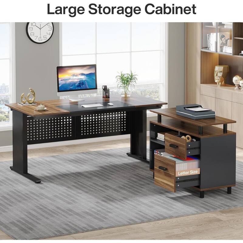 63" L-Shaped Executive Desk with File Cabinet in Rustic Brown and Black