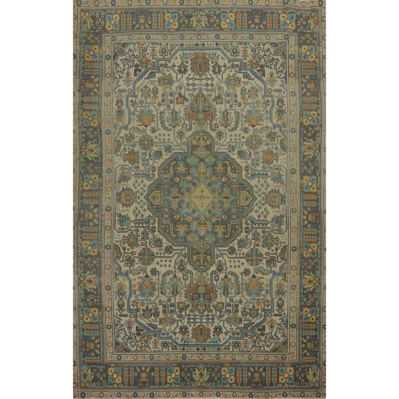 Hand Knotted Oriental 100% Wool Carpet Traditional Floral Beige & Ivories Tabriz Area Rug - 9' 6'' X 6' 8''