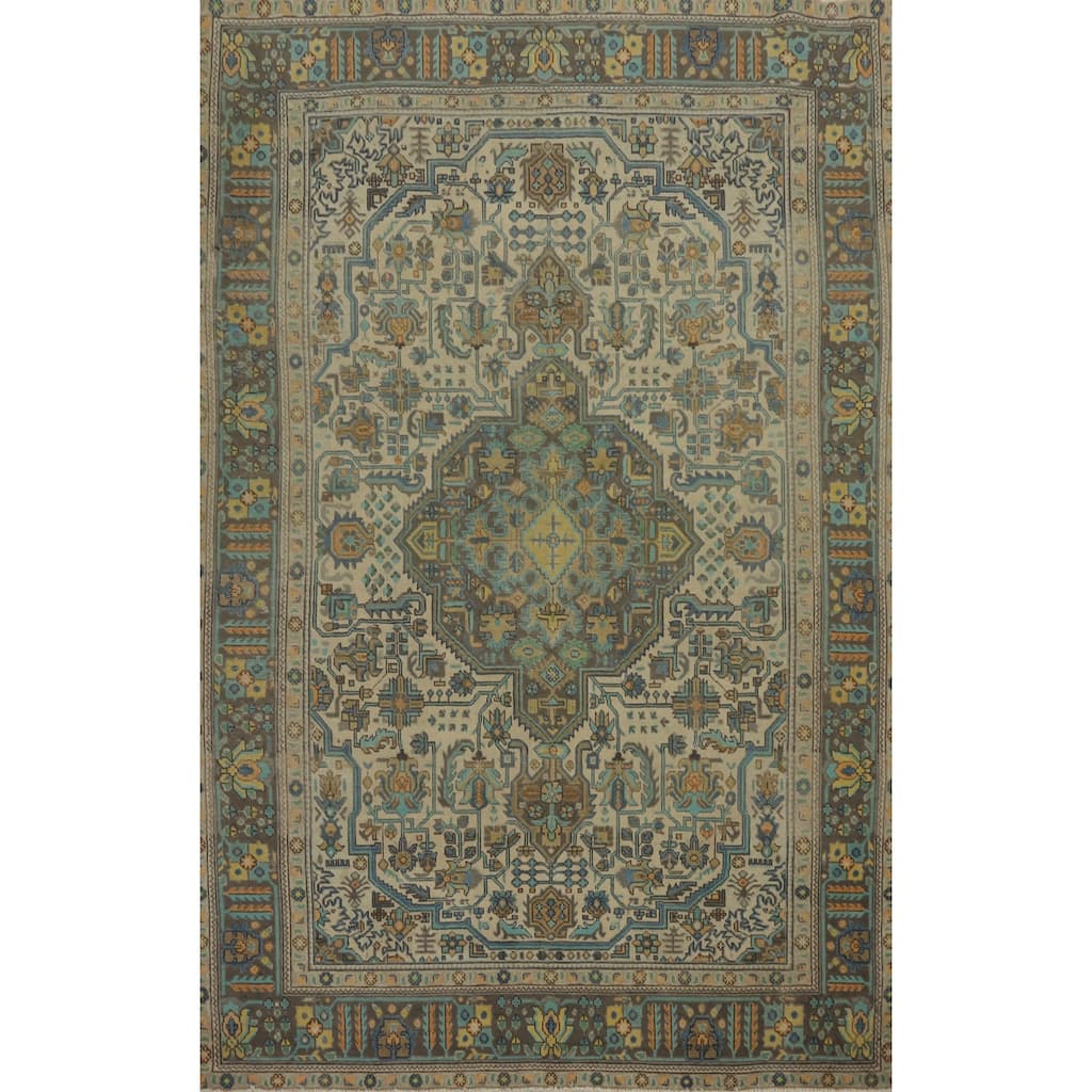 Hand Knotted Oriental 100% Wool Carpet Traditional Floral Beige & Ivories Tabriz Area Rug - 9' 6'' X 6' 8''
