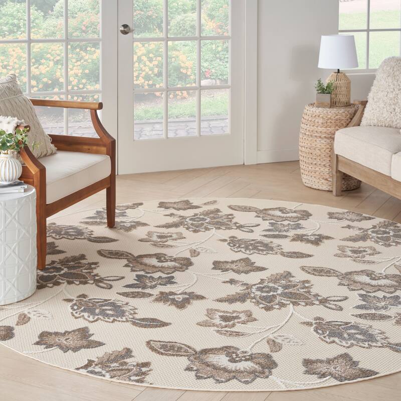 Nourison Aloha Indoor/Outdoor Floral Area Rug - 7'10" x Round - Beige