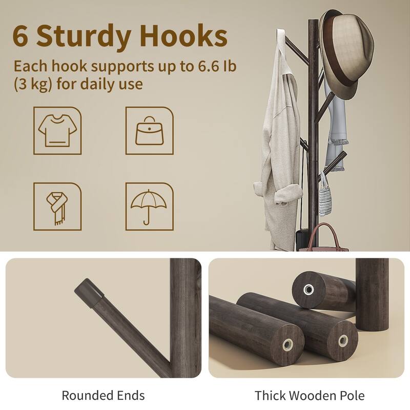 VECELO Modern Freestanding Coat Rack with 6 Branch Hooks Double Shelves, and Shoe Storage for Entryway Living Room Bedroom