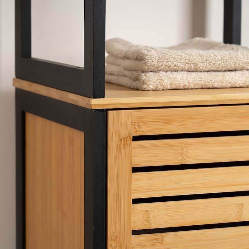 Natural Slim Storage Cabinet with Shelves, Modern Black Frame - 13.4"L x 12"W x 68"H
