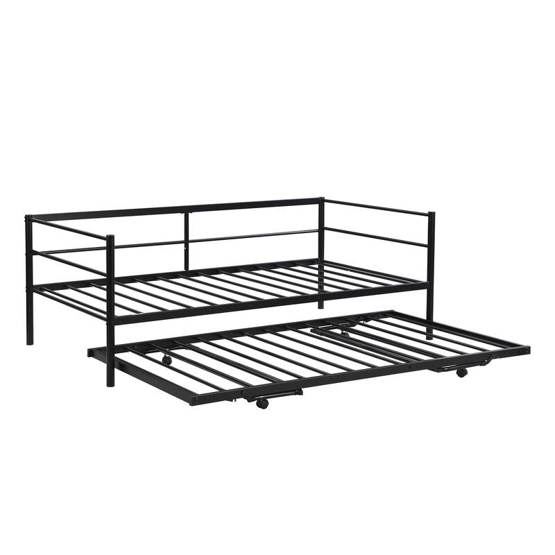 Twin Size Steel Daybed with Adjustable Trundle, Living Room Twin Sofa Bed, Heavy Duty Metal Bed Frame with Pop Up Trundle