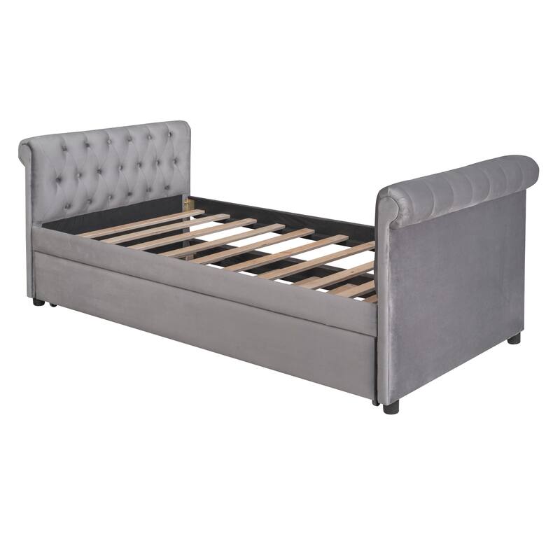 Beige Upholstered Twin Size Daybed Sofa Bed with Trundle, Fabric and Wood Frame Wood Slat Support