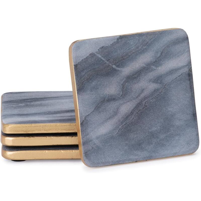 Natural Gray Marble 4 Pack Coasters with Gold Edge 4" Square Elegant, Heat Tolerant, Water Repellant - Multi