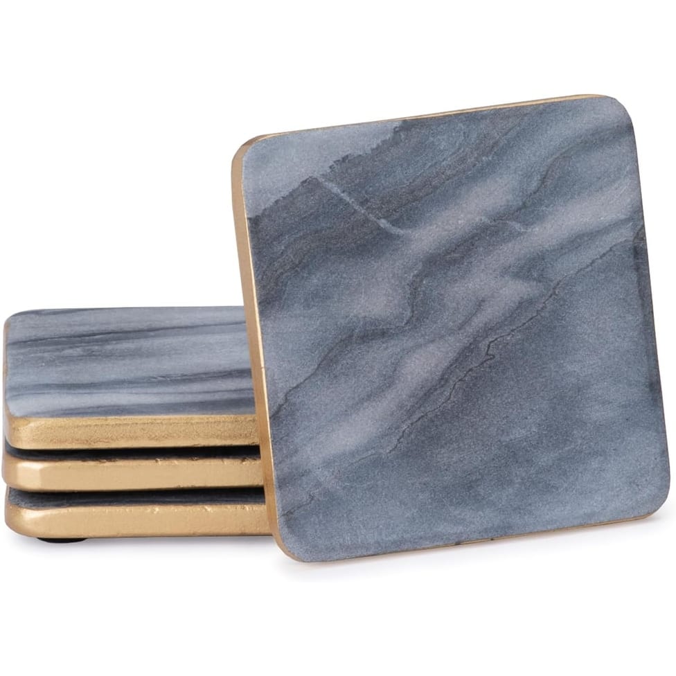 Natural Gray Marble 4 Pack Coasters with Gold Edge 4" Square Elegant, Heat Tolerant, Water Repellant