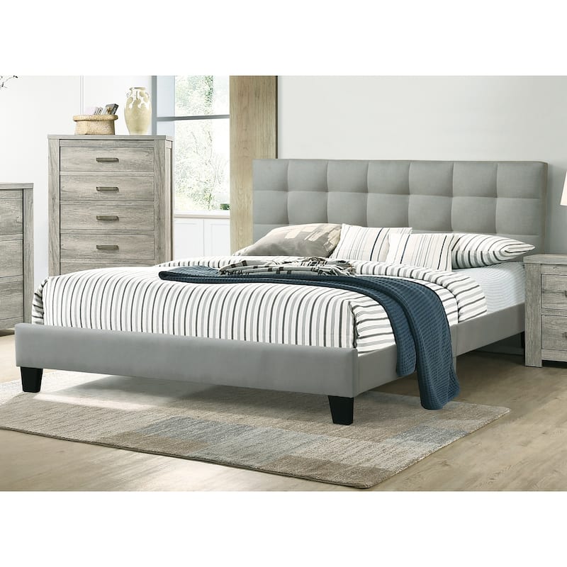 Contemporary 1pc Eastern King Size Bed Grey Polyfiber Tufted Headboard Platform Bedframe Bedroom Furniture - Grey,Light Gray