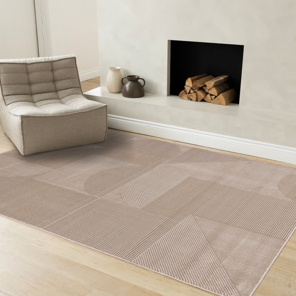 Brown White Intricate Striped Shapes Area Rug