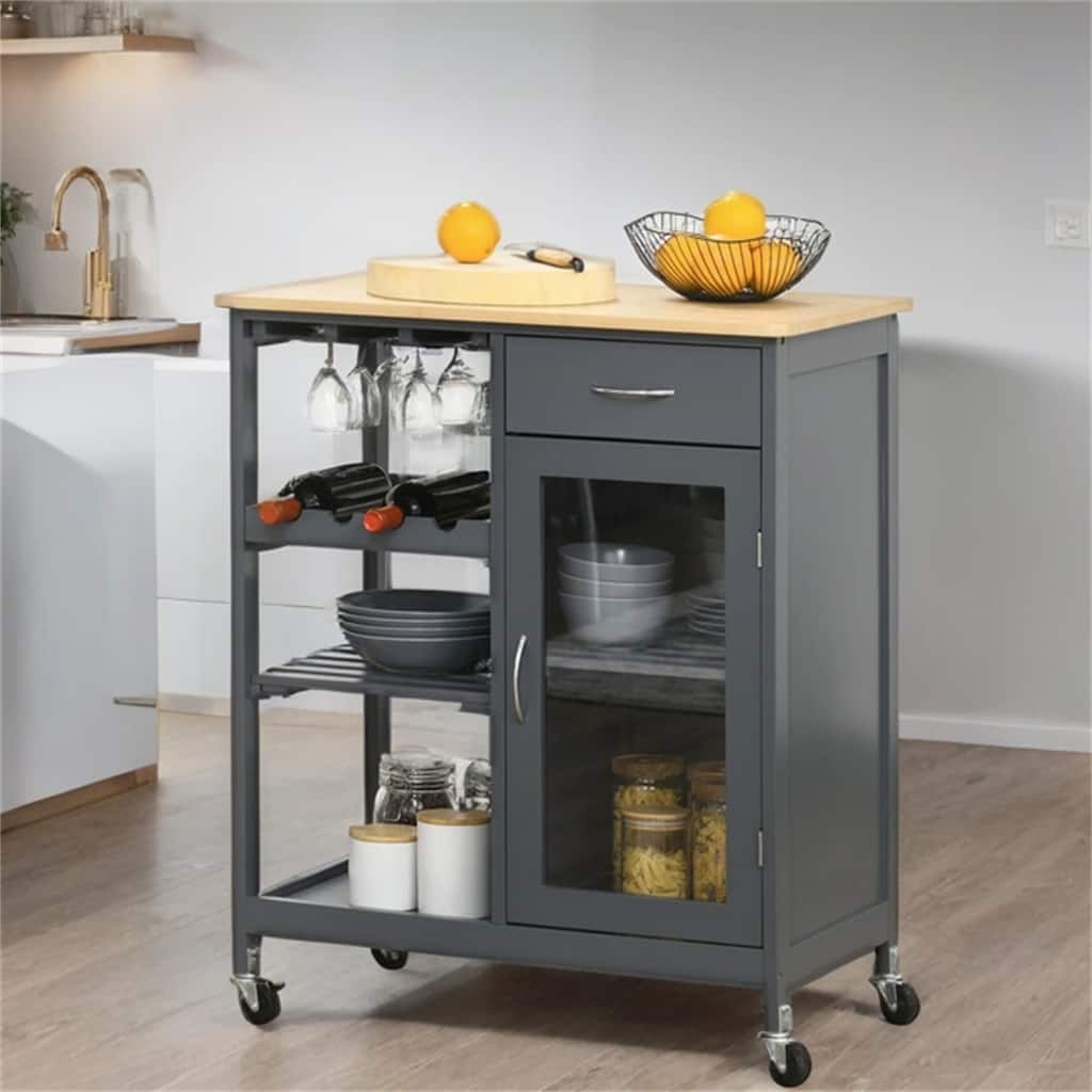 Rolling Kitchen Island with Wine Rack,Stemware Holder and Shelves