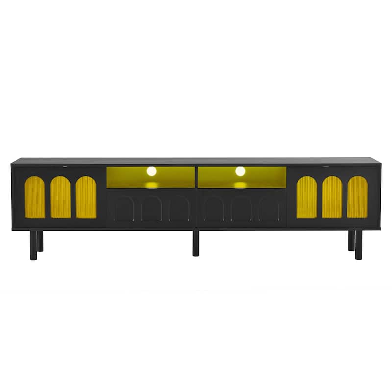 LED TV Stand for Living Room, Entertainment Center for TVs Up to 80" with Wood Legs, Storage Media Console with 2 Drawers